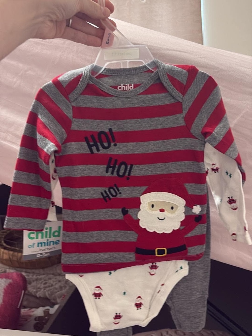 child of mine Red & Gray Striped Santa Graphic Onesie